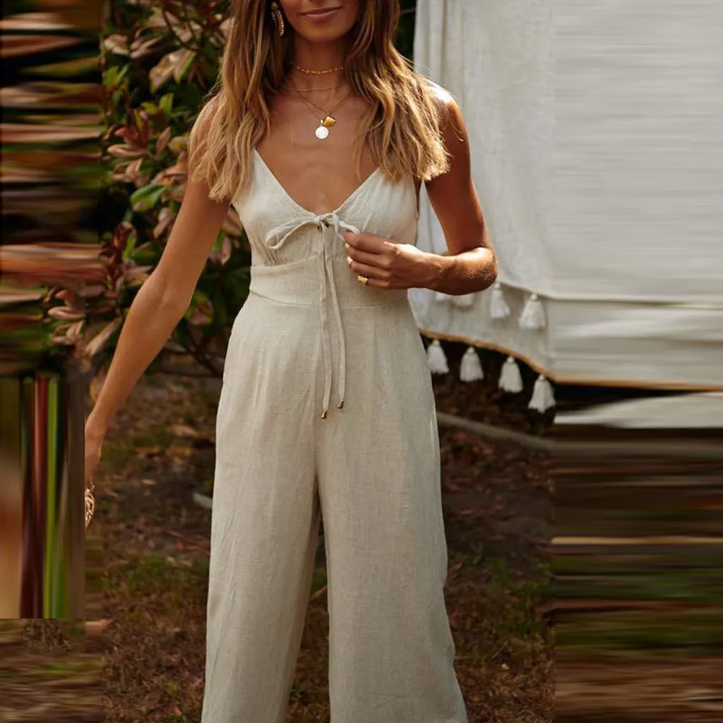 Женский комбинезон на шнуровке длинный с V-образным вырезом и широкими штанинами