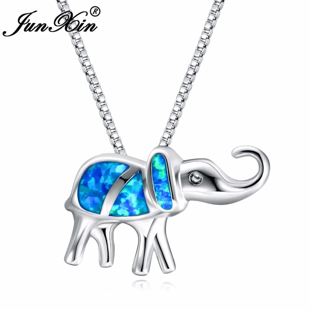 JUNXIN Lucky Elephant ожерелье из голубого опала 925 серебро ожерелья с подвесками для женщин новые украшения со стразами в виде животных подарок