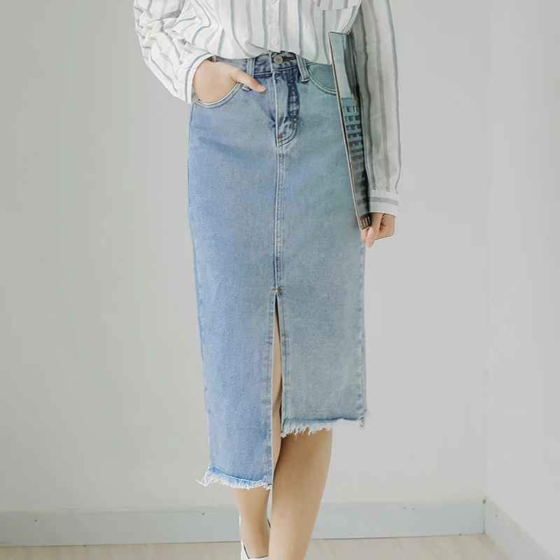 Повседневное по колено нерегулярные бахромой Джинсовые юбки Для женщин Высокая