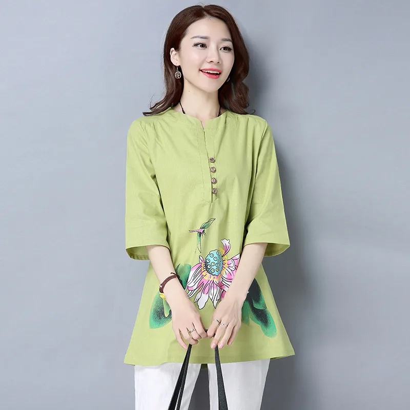

2018 Women Summer Style T-Shirts Casual Print Cotton Linen T Shirt Ladies Short Sleeve Mid-Long Shirts Tops Tees Plus Size AB865