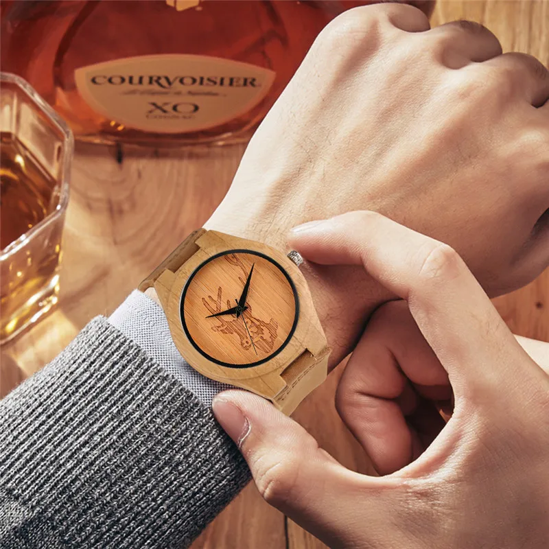 

New Arrival Cool Bamboo Wristwatch Men ELK Moose Deer Head Handmade Nature Wood Women Watch Leather Bangle Sport Wooden Clock
