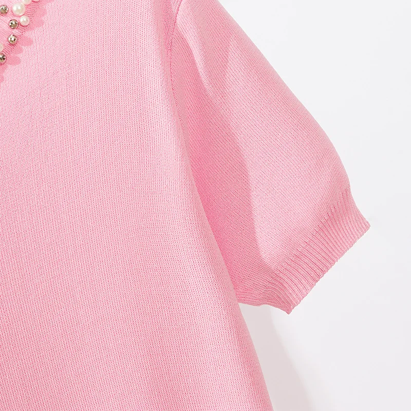 Футболка женская 2019 летняя вышитая бисером футболка с коротким рукавом топы