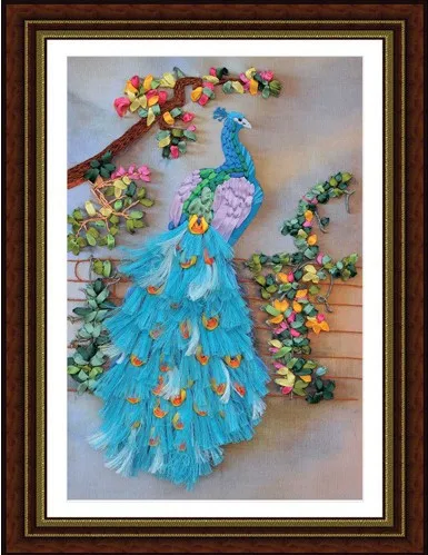 

50x65cm Peacock flowers Ribbon embroidery painting sets handcraft embroidery circle DIY handmade needlework wall art home decor