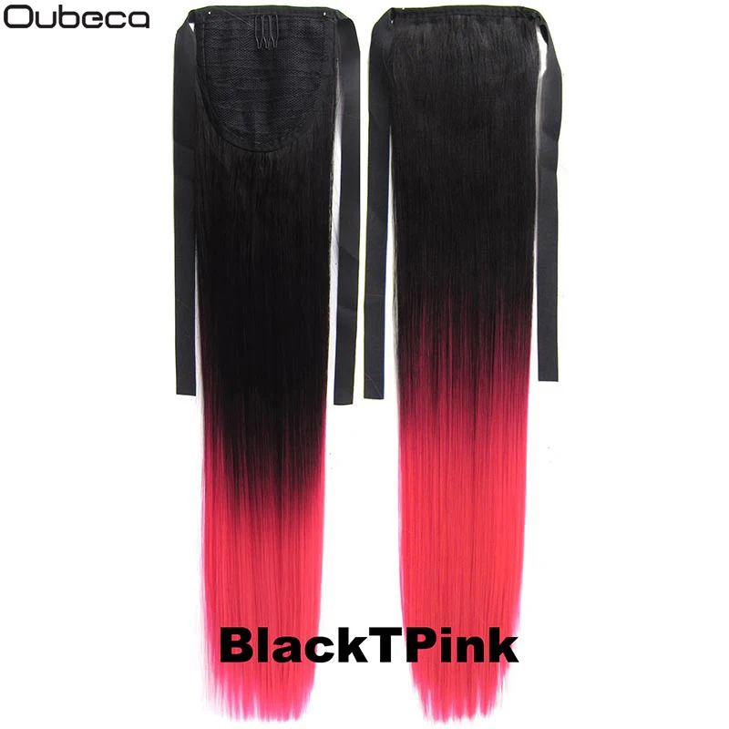 BlackTPink Oubeca, 22 дюйма, синтетические ломбер, конский хвост, прямые, длинные, два тона, лента, конский хвост, волосы для наращивания на заколках для женщин - Цвет: BlackTPink