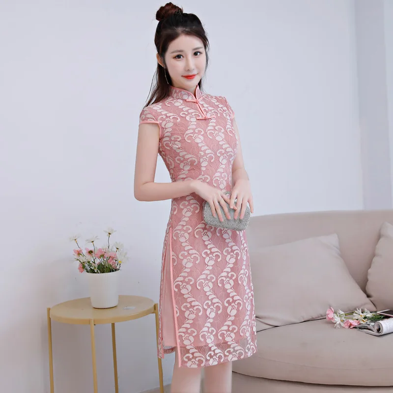 

Traditional Chinese Lace Dress Women's Knee Length Cheongsam