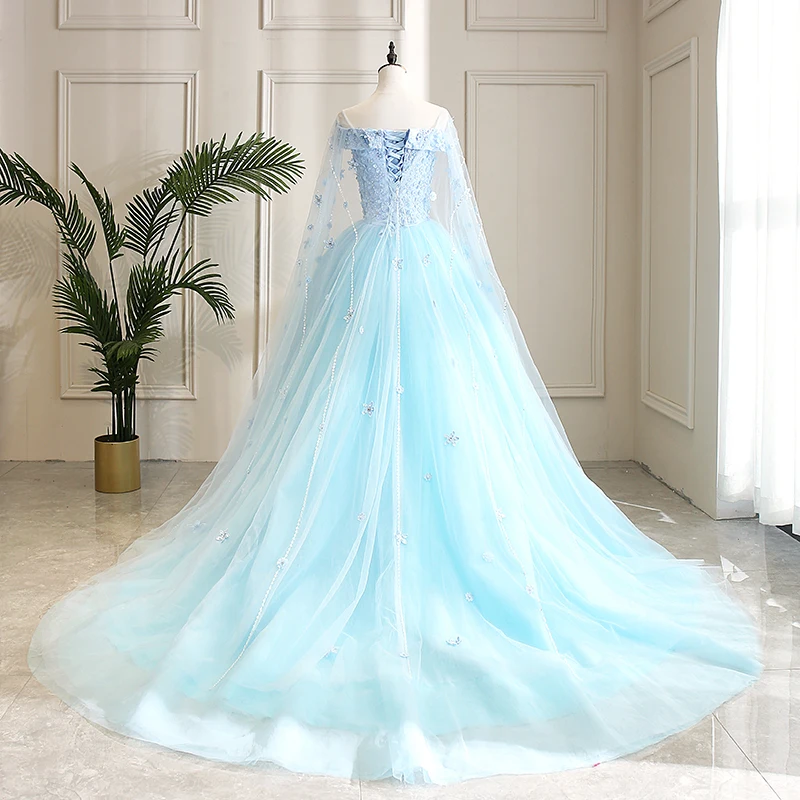 Женское бальное платье с длинным рукавом светло голубое элегантное для девушек 15