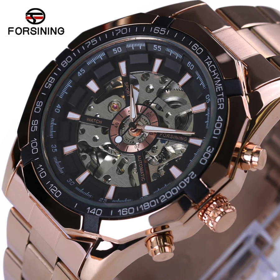 

Forsining Rose Golden Fashion Designer Transparent Case Mens Watches Top Brand Luxury Mechanical Automatic Skeleton Watch Clock