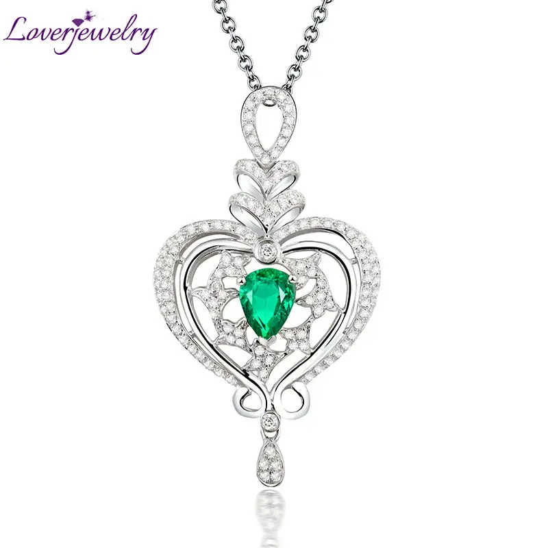 

LOVERJEWELRY Pear 5x7mm Green GEM Solid 18Kt White Gold Diamonds Women Wedding Emerald Pendants Necklace for Girlfriend Gifts