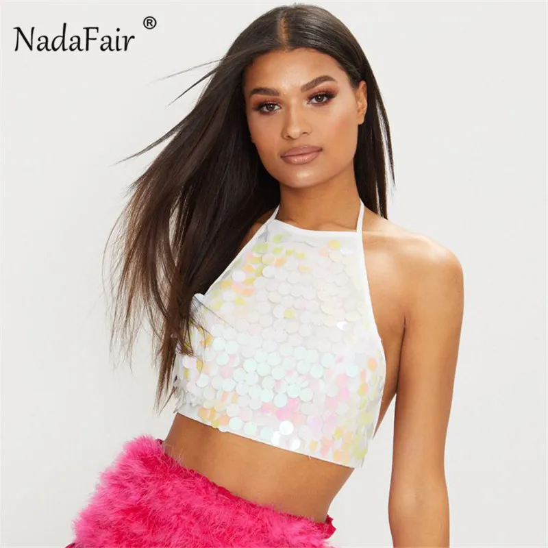 Nadafair, женские летние топы с блестками, майки, Сексуальные клубные, вечерние, фестивальный, лазерный топ на бретелях, на шнуровке, с открытой спиной, с блестками, укороченный женский топ