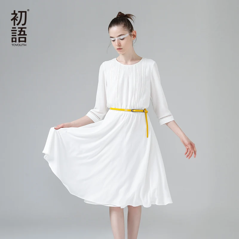 Toyouth Новое Прибытие Dress 2017 Летние Женщины Плиссированные Твердые О Образным