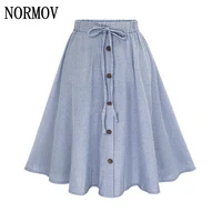 normov 2019 new casual women stripe single breasted lace high waist skirts belt decoration midi skirt with elastic sundress