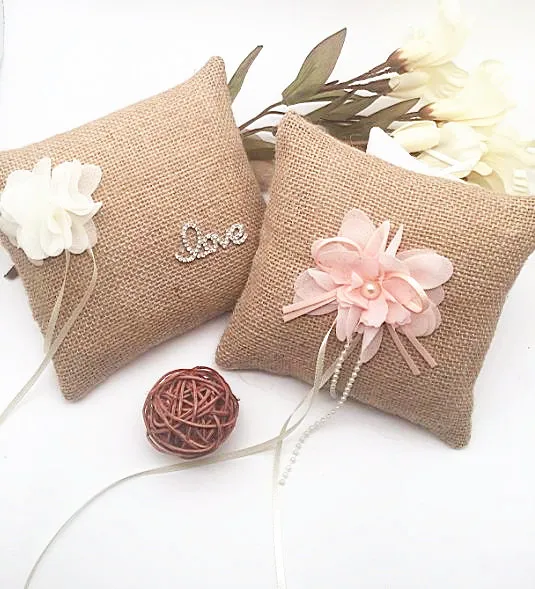 

free shipping DIY handmade 15cmx15cm Burlap Jute Wedding Ring Pillow wedding decorations Wedding Ceremony Ring Bearer Pillow