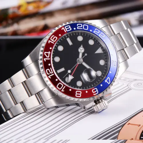 43 мм механические часы GMT синий красный керамический ободок сапфировое стекло