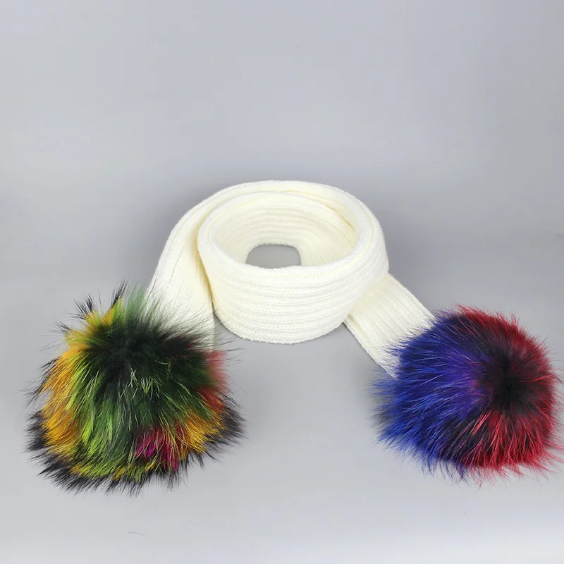 Scarf White Женская и детская Шапка-бини, повседневные разноцветные шапки с помпонами, шапки с помпоном из меха лисы и енота для девочек, женские зимние теплые вязаные шапки Skullies - Цвет: Scarf White