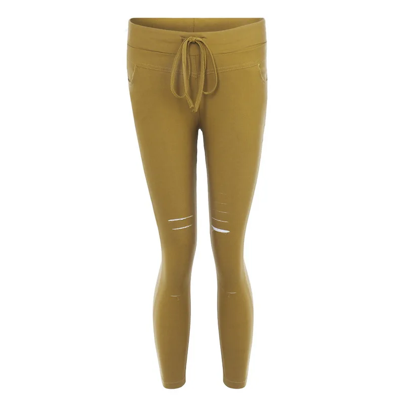 Хаки Для женщин женские рваные узкие джинсы кроя Высокая Талия ed Jegging Брюки Узкие Высокая талия стрейч рваные узкие брюки-карандаш - Цвет: Хаки