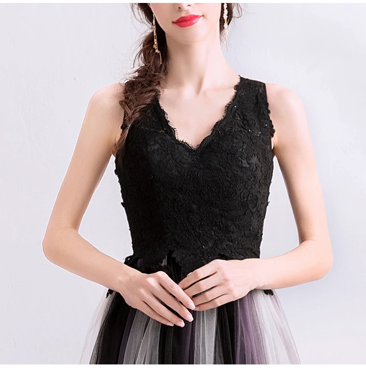 SSYfashion Черное вечернее платье в пол с v-образным вырезом, на молнии, без рукавов, с кружевом, из тюля, вечерние платья на заказ, Vestido De Noche