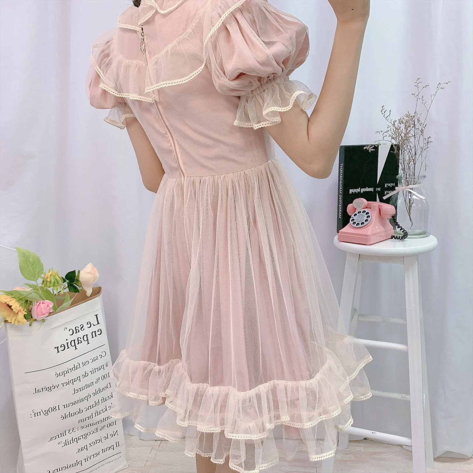 Японское платье лолиты для женщин Kawaii летнее мягкое милое Сетчатое платье феи с пышными рукавами