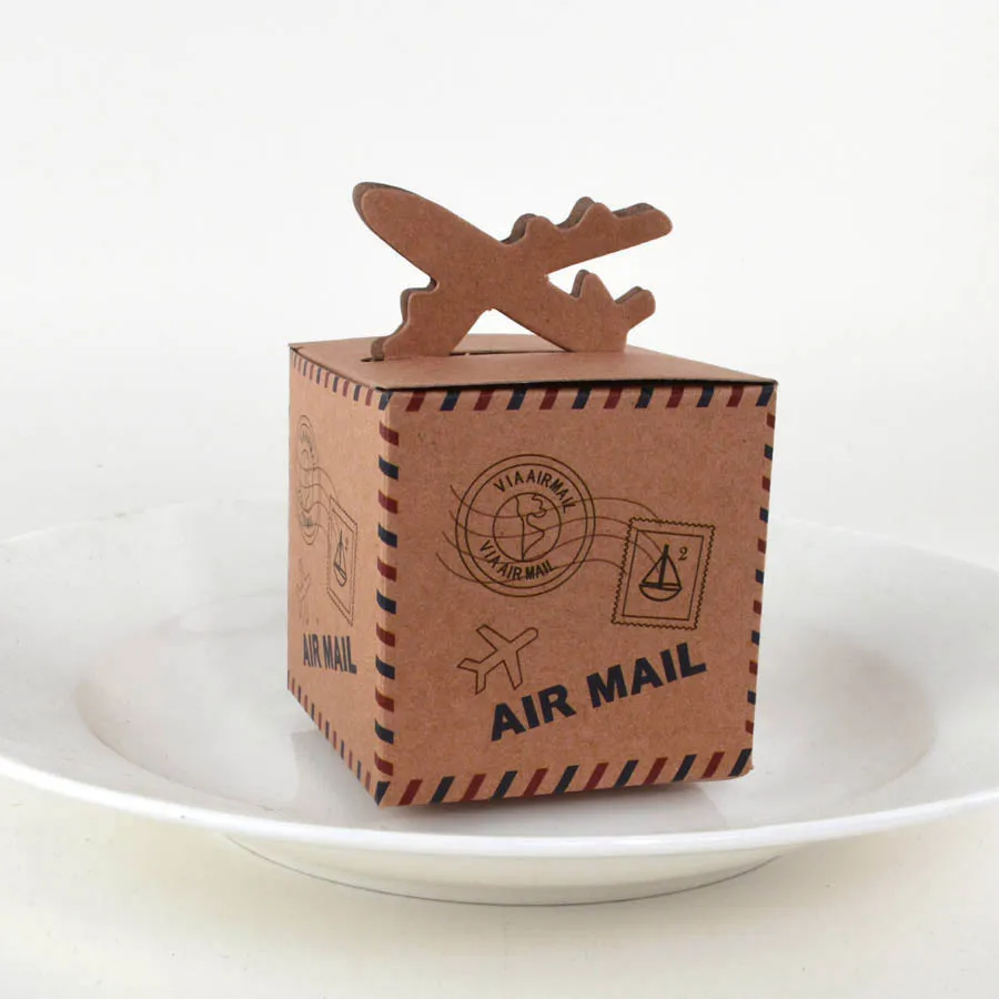 

50pcs Kraft Gift Box Air Mail Plane Design Vintage Paper Gift Bag Wedding Favor Box for Wedding Baby Shower Party Decoration