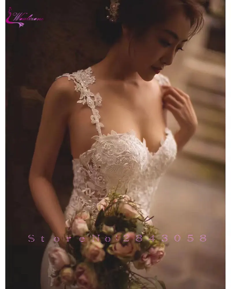 

Waulizane Enchanting Satin Sweetheart Mermaid Wedding Dresses Embroidery Sleeveless Spaghetti Strap Beading Applique Bridal Gown