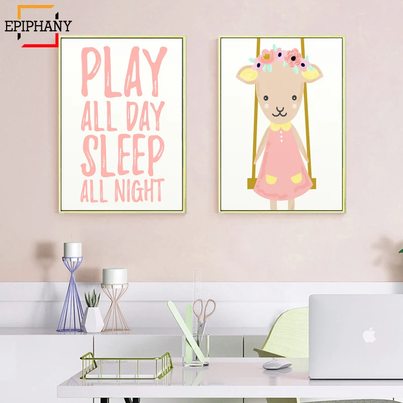 Baby Girl Nursery Wall Art Print Play All Day Sleep Night Quote Anime Poster Canvas Painting Picture Kids Bedroom Decoration|Рисование и