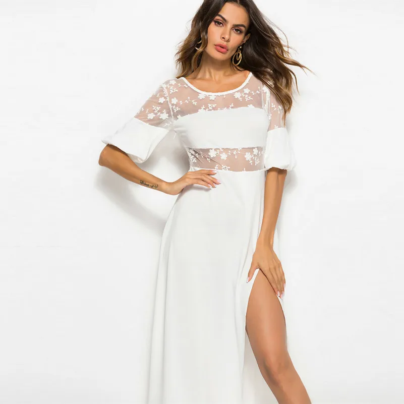 Сексуальный muxu белое кружевное платье Прозрачная Мода vestidos robe femme длинное