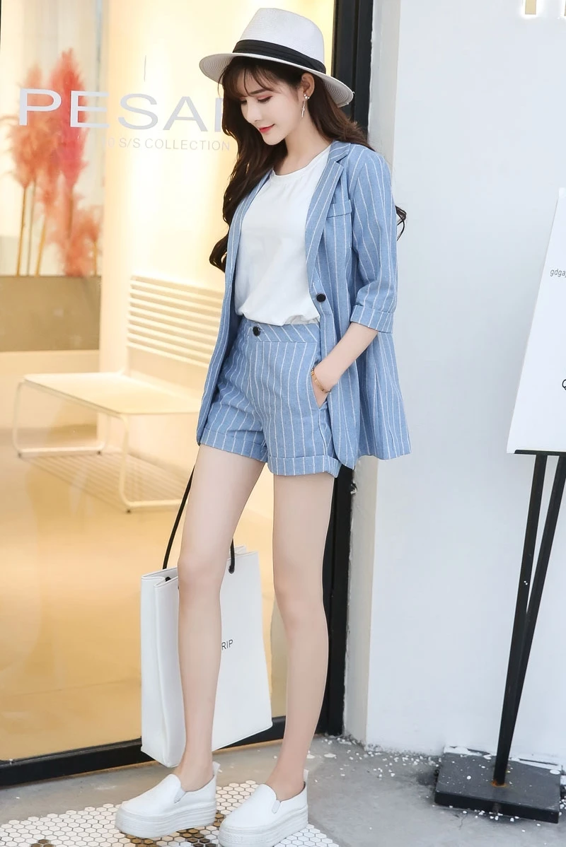 

Summer Striped Short Suits for Women Spring Long Sleeve Blazer Jacket & Shorts Casual 2 Piece Sets Feminino Cotton Linen Suits