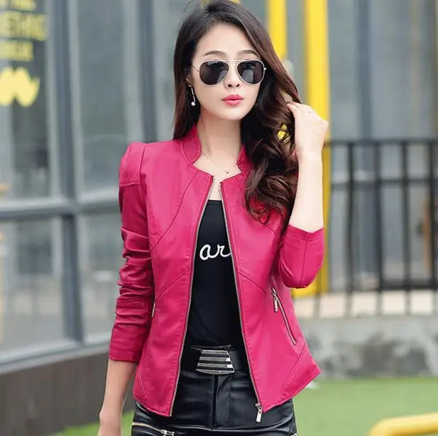

Hot 2021 Spring Autumn Brand New Women Leather Jacket Long Sleeve Zipper Short Slim Lapel Female Leather Coat Motorcycle Jackets