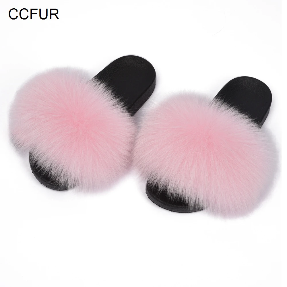 

Women's Real Fox Fur Slides Flip Flops Flat Soft Fur Sliders Slippers Fashion Style Summer Winter Warm Fur Wholesale S6018E