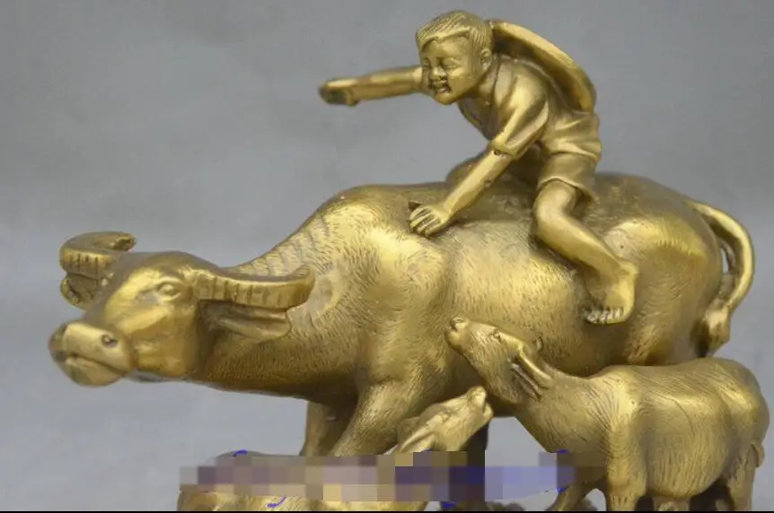 7 Китайский Фэншуй латунный Lucky Boy Kid Ride 3 бык Мул статуя животных | Дом и сад