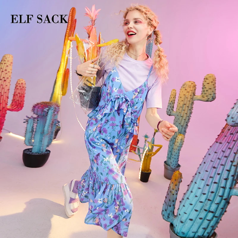 ELFSACK, Летний женский комплект, Стильный хлопковый Повседневный Женский костюм из двух предметов, футболка с круглым вырезом и платье до середины икры, цветочные комплекты с оборками