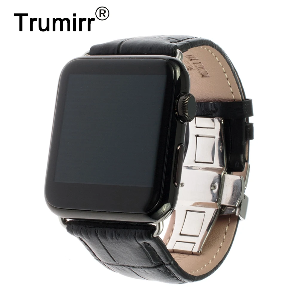

Leather Watchband Butterfly Clasp for iWatch Apple Watch SE 38mm 40mm 41mm 42mm 44mm 45mm Series 7 6 5 4 3 2 1 Band Wrist Strap
