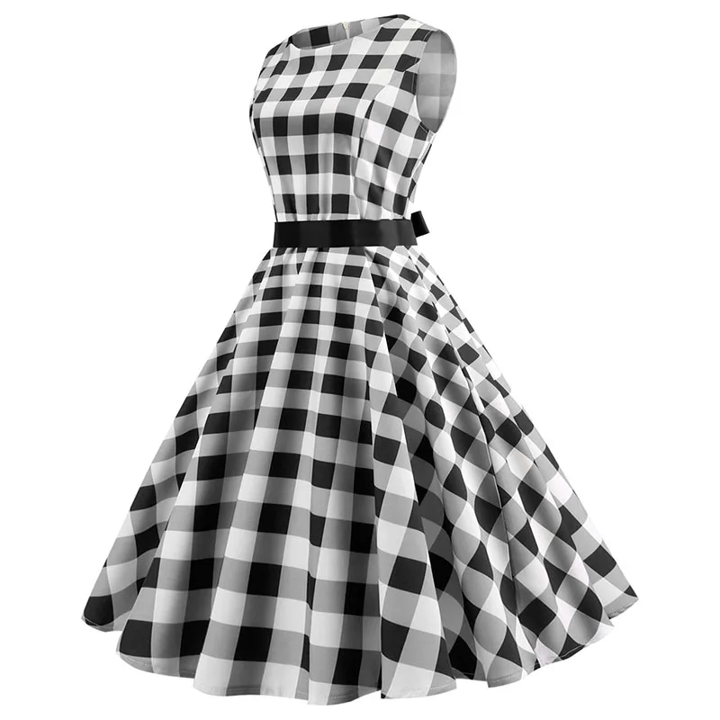 Черно-белое клетчатое винтажное платье размера плюс для женщин Vestidos Hepburn 50s 60s элегантные платья для вечеринок повседневные рокабилли Pin Up Сарафан