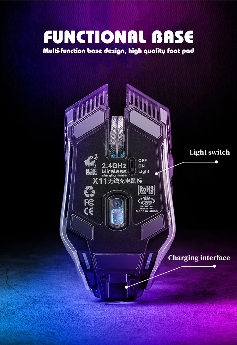 FELYBY X11 игровая беспроводная мышь 1600 dpi 6 кнопок светящаяся классная мышь для компьютера и ноутбука