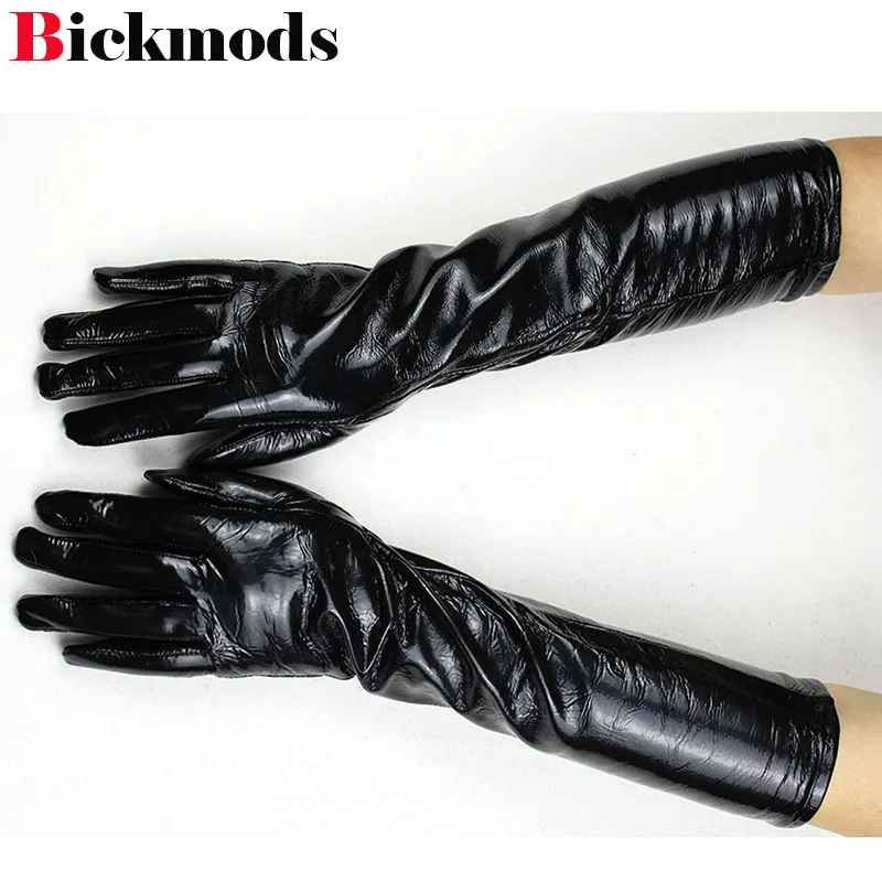 Настоящие новые Guantes длинные кожаные перчатки женские из овчины локоть лакированная бархатная подкладка Теплые щитки для рук