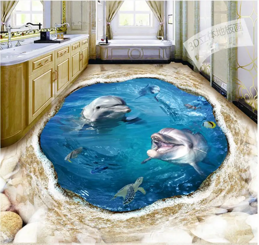 

3 d ПВХ напольное покрытие, самоклеящаяся наклейка, дельфин, пляж, черепаха, украшение для гостиной, живопись, 3d Настенные обои
