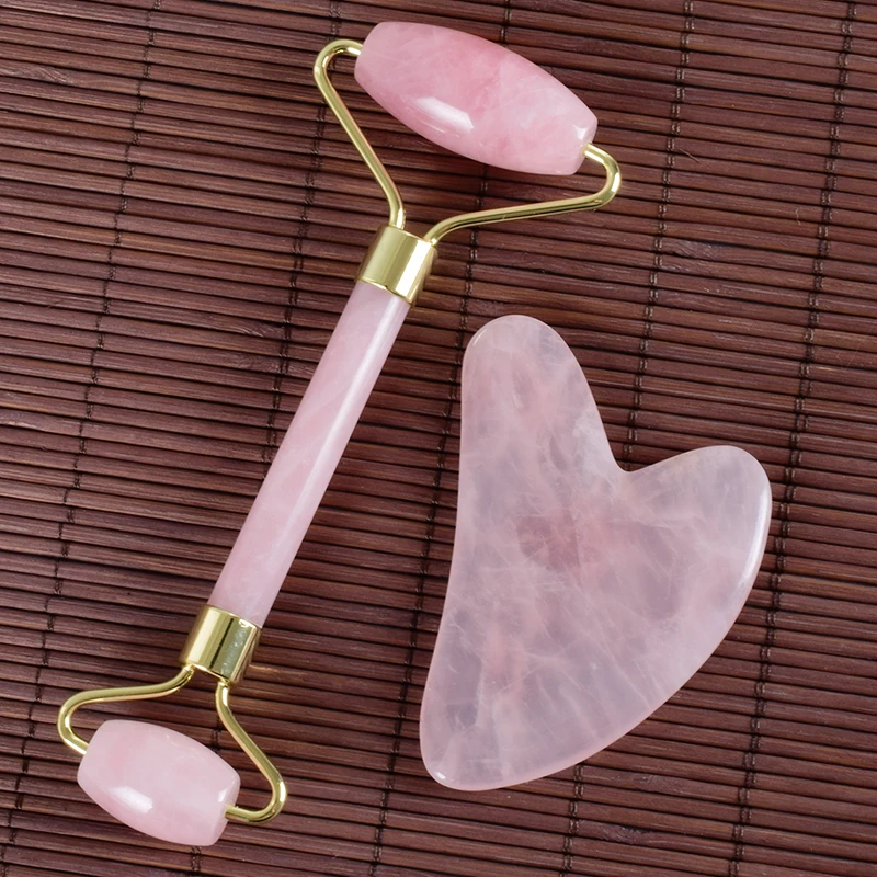 Ролик для лица Gua Sha инструмент массажный набор Китай традиционный натуральный розовый кварц спа иглоукалывание выскабливание тела лечебный камень макияж