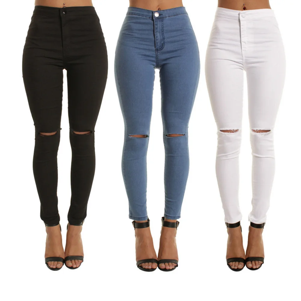 

Newly Fashion Women High Waisted Slim Fit Jeans Pants Hole Ripped Knee Skinny Long Denim Trousers m99