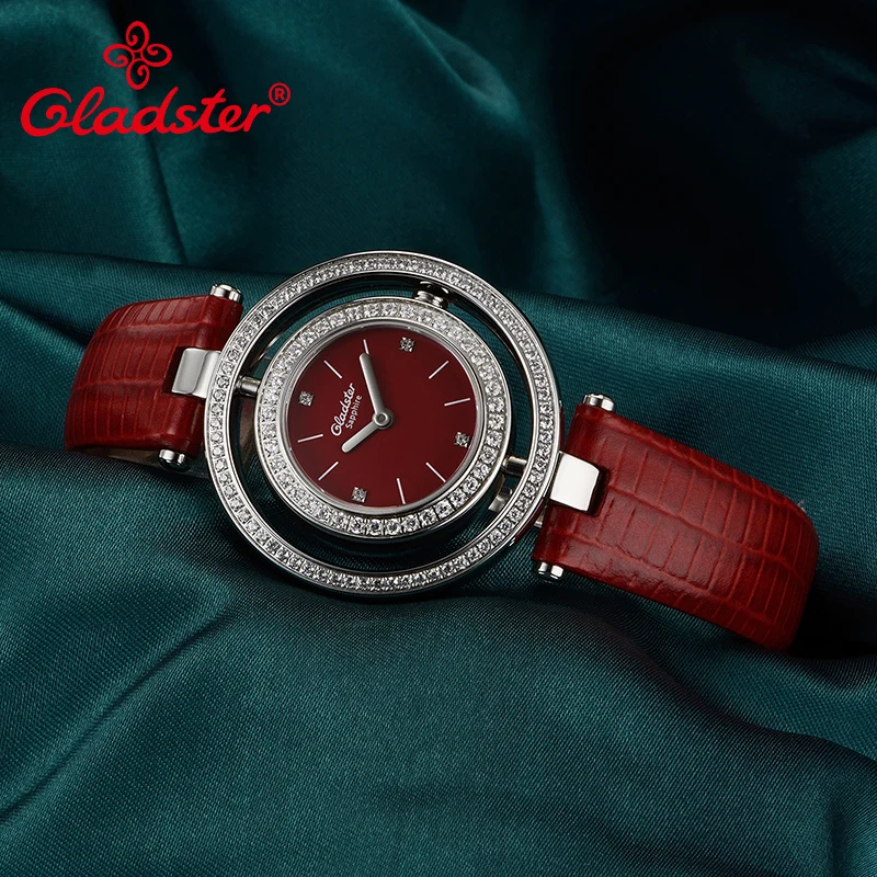 Женские кварцевые часы Gladster японские MIYOTA GL20 с бриллиантом красные кожаные