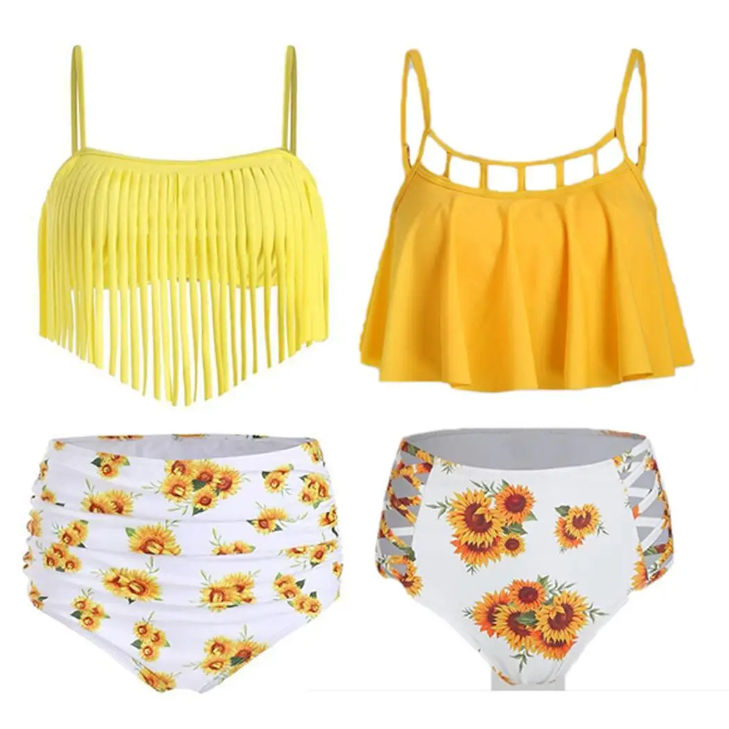 Women Print Fashion Ruffle High Waisted Bikini Bottom Sleeveless Tankini Set V Neck Casual Swimwear |