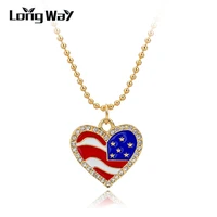 longway zinc alloy nickle and lead free gold color crystal heart american flag beads chain long necklace sne150877103