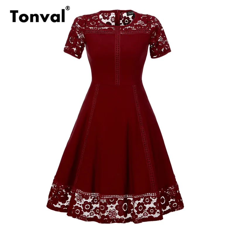 Женское кружевное платье Tonval красное винтажное с коротким рукавом в стиле ретро