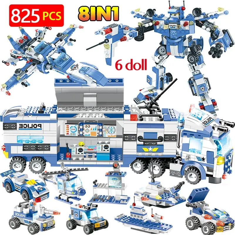 

Police Trucks Car Helicopter Boat Building Blocks Kits Compatible City Mobile Police Station Riot Bricks Sets Toys Children Kids