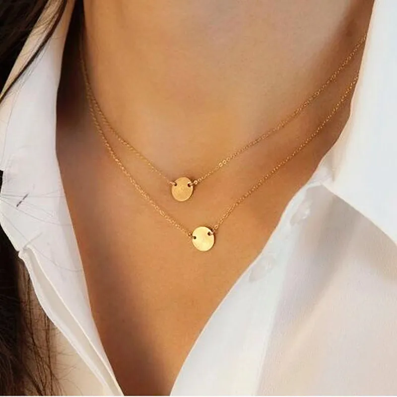 

Hot Sale Women Double Layer Metal Round Clavicle Chain Necklace Charm Bar Statement Necklace For Women Jewellery Gift Wholesale