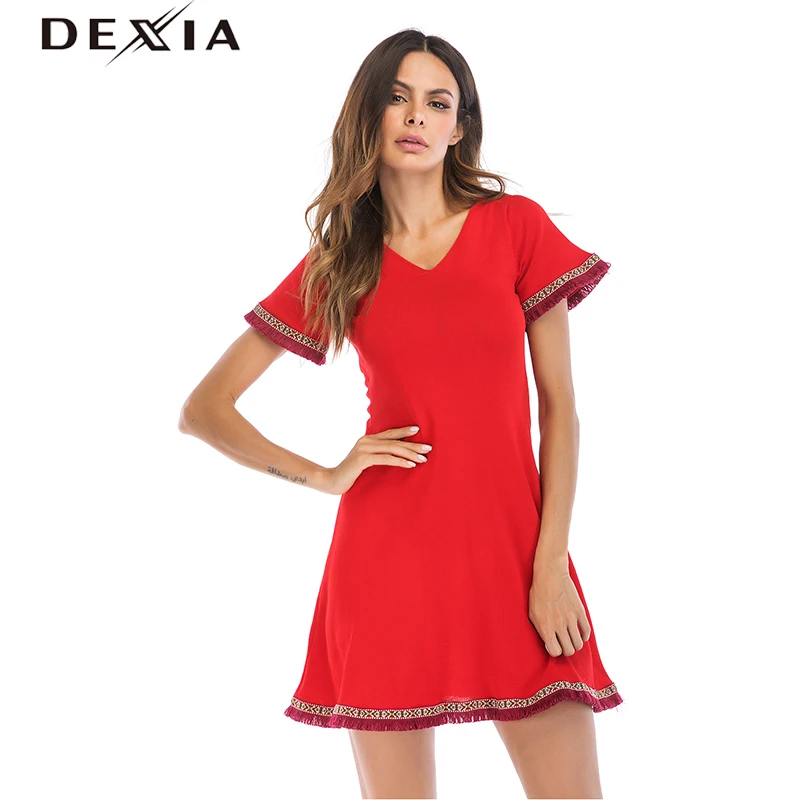 DEXIA летнее Красное Платье Vestidos De Fiesta 2018 Sukienka одежда с v образным вырезом
