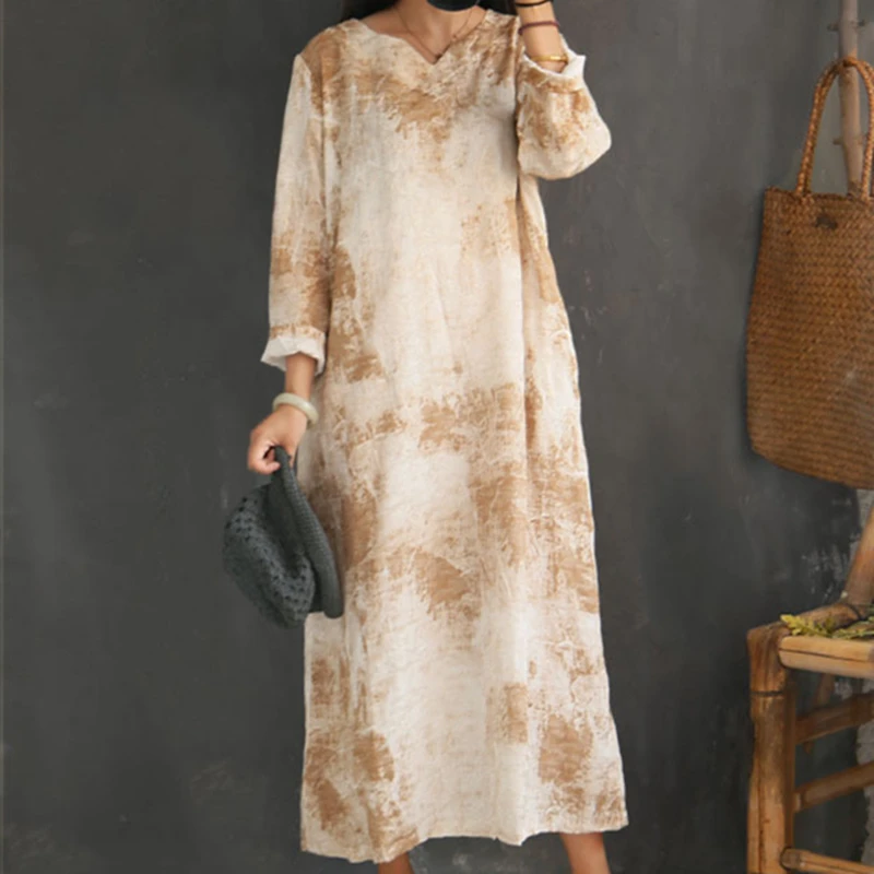 New Style Casual Literary Retro Printed Linen Long Female Dress 2019 Spring Summer v-neck Sleeve Women Dresses | Женская одежда