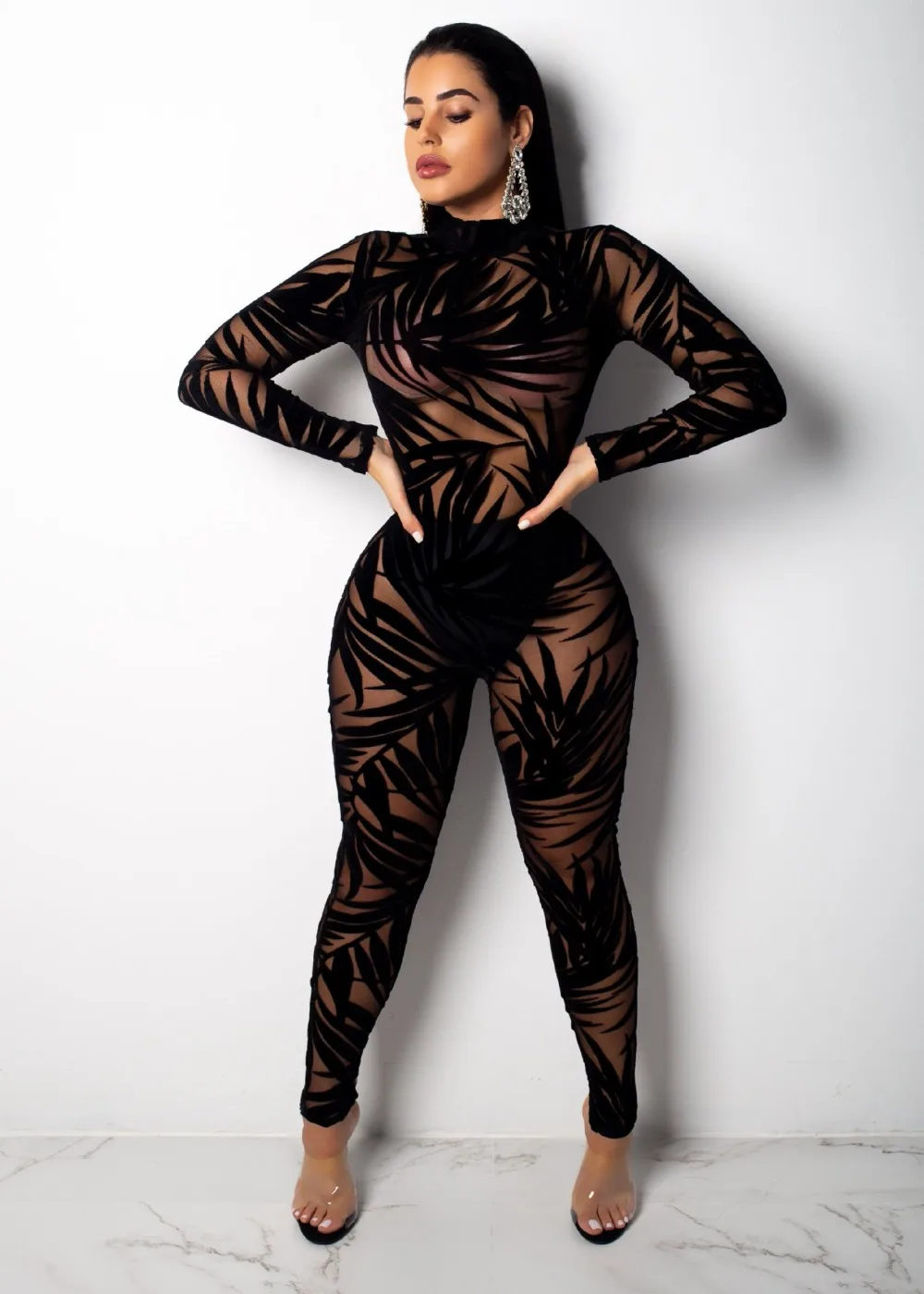 Bamboo leaf Sheer Mesh See Through Комбинезон с круглым вырезом и длинными рукавами для женщин