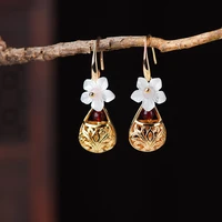 boeycjr ethnic vintage shell flower red stone bead dangle earrings fashion jewelry gold color drop earrings for women gift