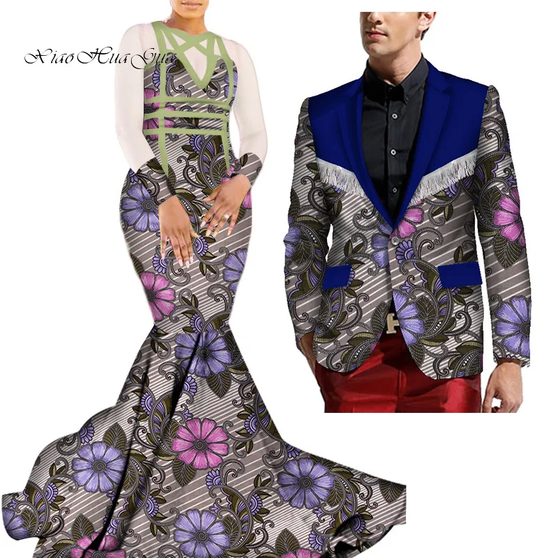 4 African Mermaid Bazin Riche Dresses for Couples Dashiki African Couple Clothing Women's Dress+Men's Blazer 2 Pieces Set WYQ275 - Color: 4