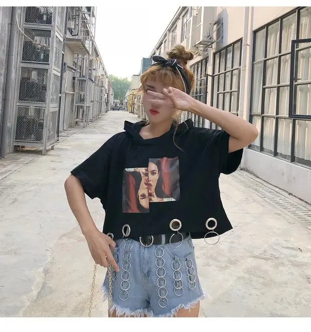 YouGeMan летние футболки корейский Ulzzang BF Harajuku личность круг кольцо Футболка женская повседневная короткая с капюшоном Футболка Топ