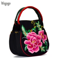 new women handbag embroidered bag national floral embroidered bags ladies double zipper black travel bag woman small totes